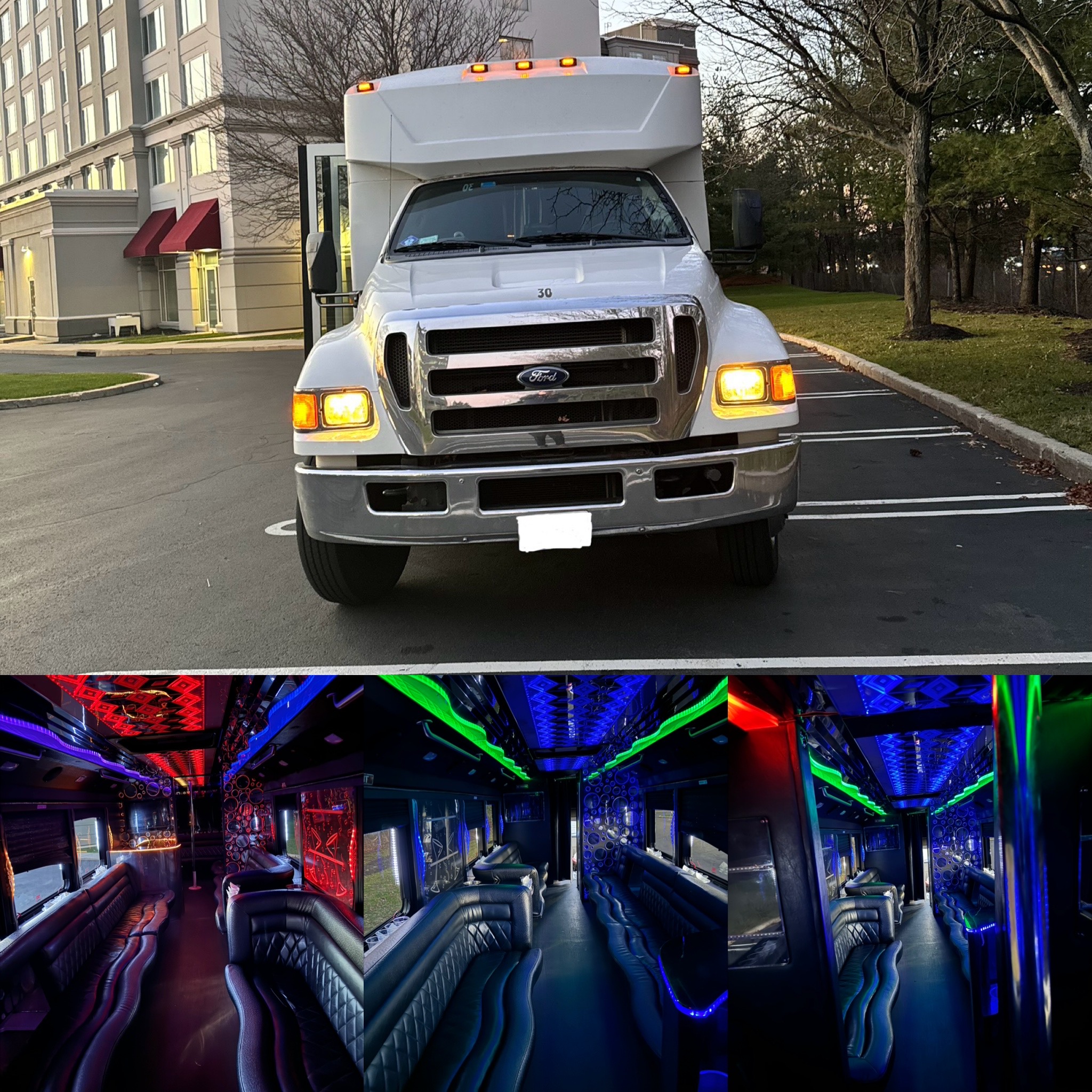 The image showcases a Ford commercial vehicle featuring prominent automotive lighting elements such as headlamps and parking lights. This highlights RPD Limousine Service's commitment to maintaining high-quality vehicles that ensure safety and visibility for their clients.